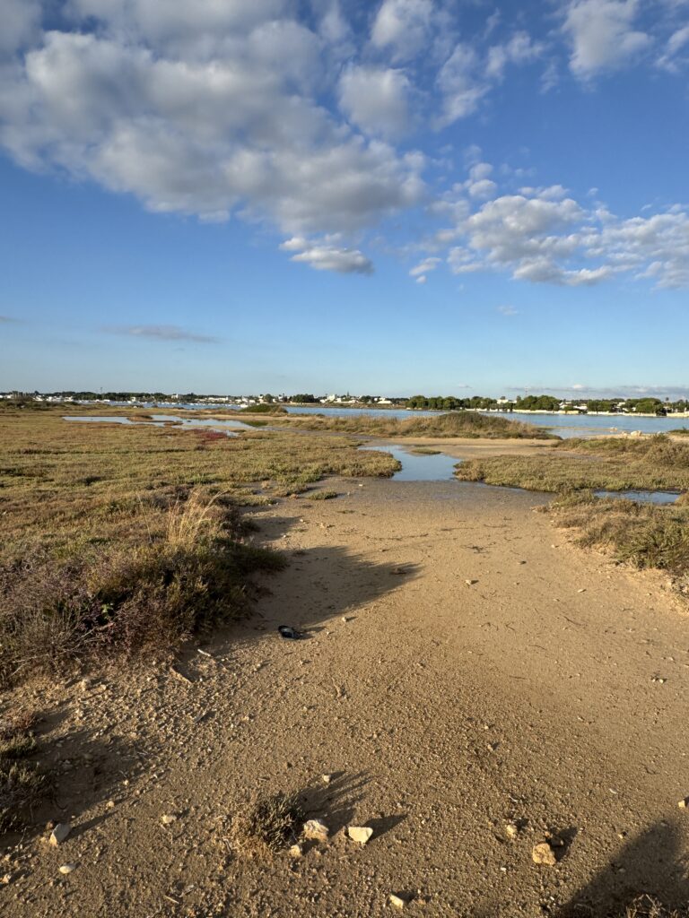 Am Strand in Italien, weite, blauer Himmel mit weissen kumuluswolken